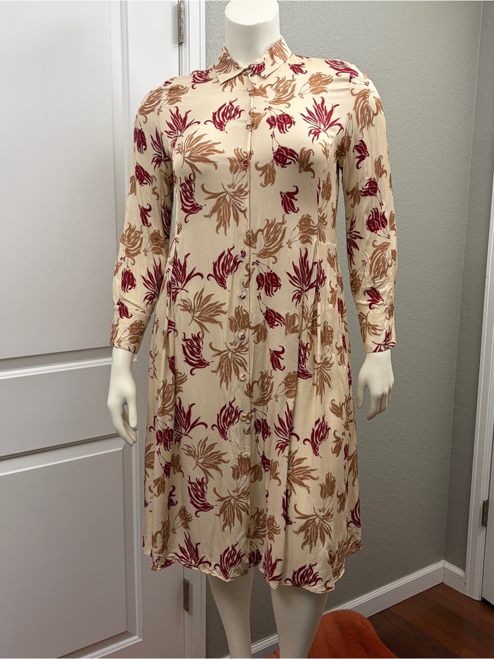 Marina Rinaldi Cream Dress with Red and Brown Floral Print - Size 12